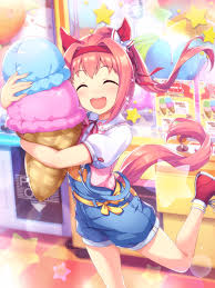 Haru Urara Cheerful Card featuring joyful anime girl with pink hair holding colorful ice cream cones and bright floral background