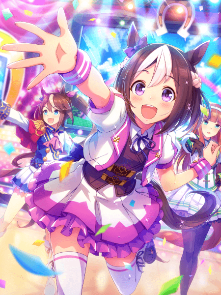 Special Week Trading Card featuring vibrant anime characters celebrating with colorful confetti